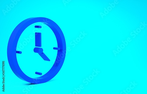 Blue Clock icon isolated on blue background. Time symbol. Minimalism concept. 3d illustration 3D render.