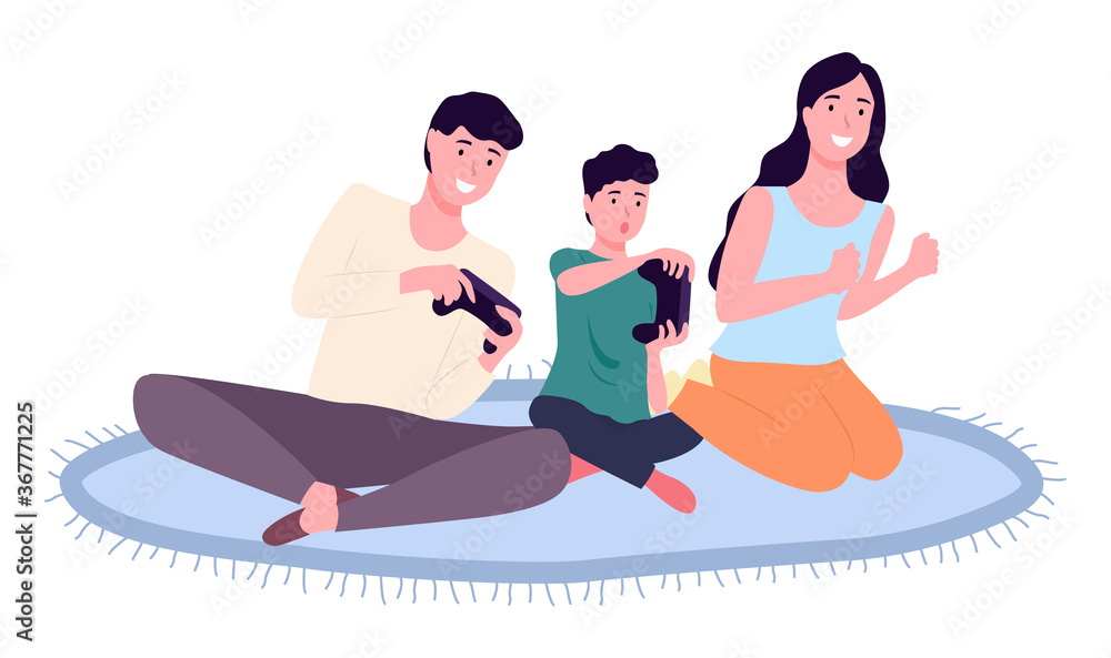Family playing video games. Mom dad and son gaming with gamepad controller, holding joystick in hands flat design. People siting on the floor in front of the monitor and playing a computer game Family playing video games. Mom dad and son gaming with gamepad controller, holding joystick in hands flat design. People siting on the floor in front of the monitor and playing a computer game