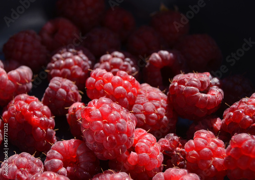 Sunny background with raspberries. Background with ripe berries.
