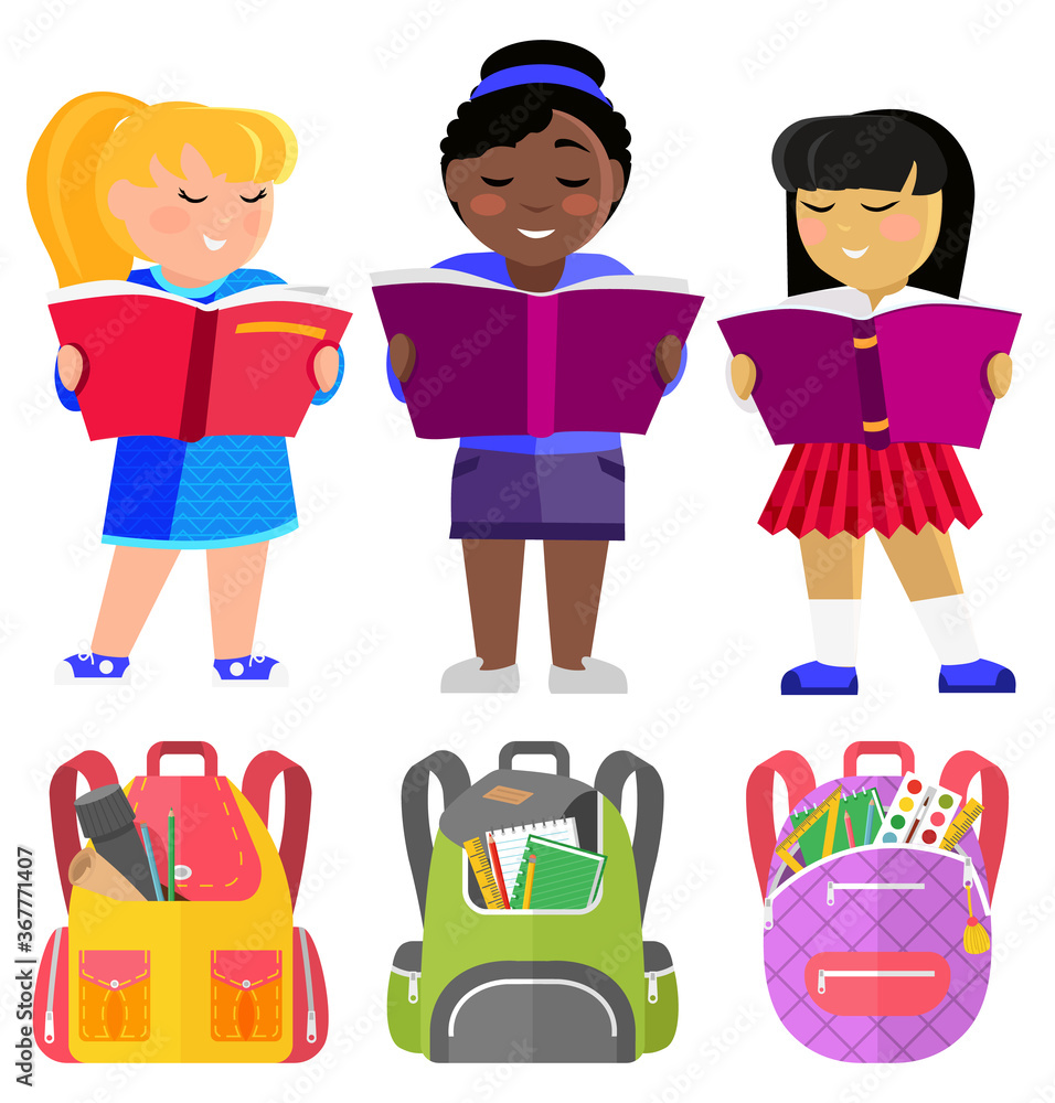 Girls pupils afroamerican, european and asian with books and schoolbags, school students. Reading class, girls with textbooks, backpacks or rucksacks with supplies. Back to school. Flat cartoon