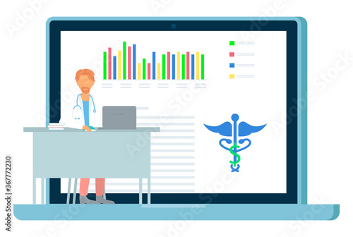 Online consultation with doctor. Medical website at laptop. Therapist or physician with stethoscope sittig at table. Concept of doctor using computer, looking at diagnosis of patient, caduceus sign