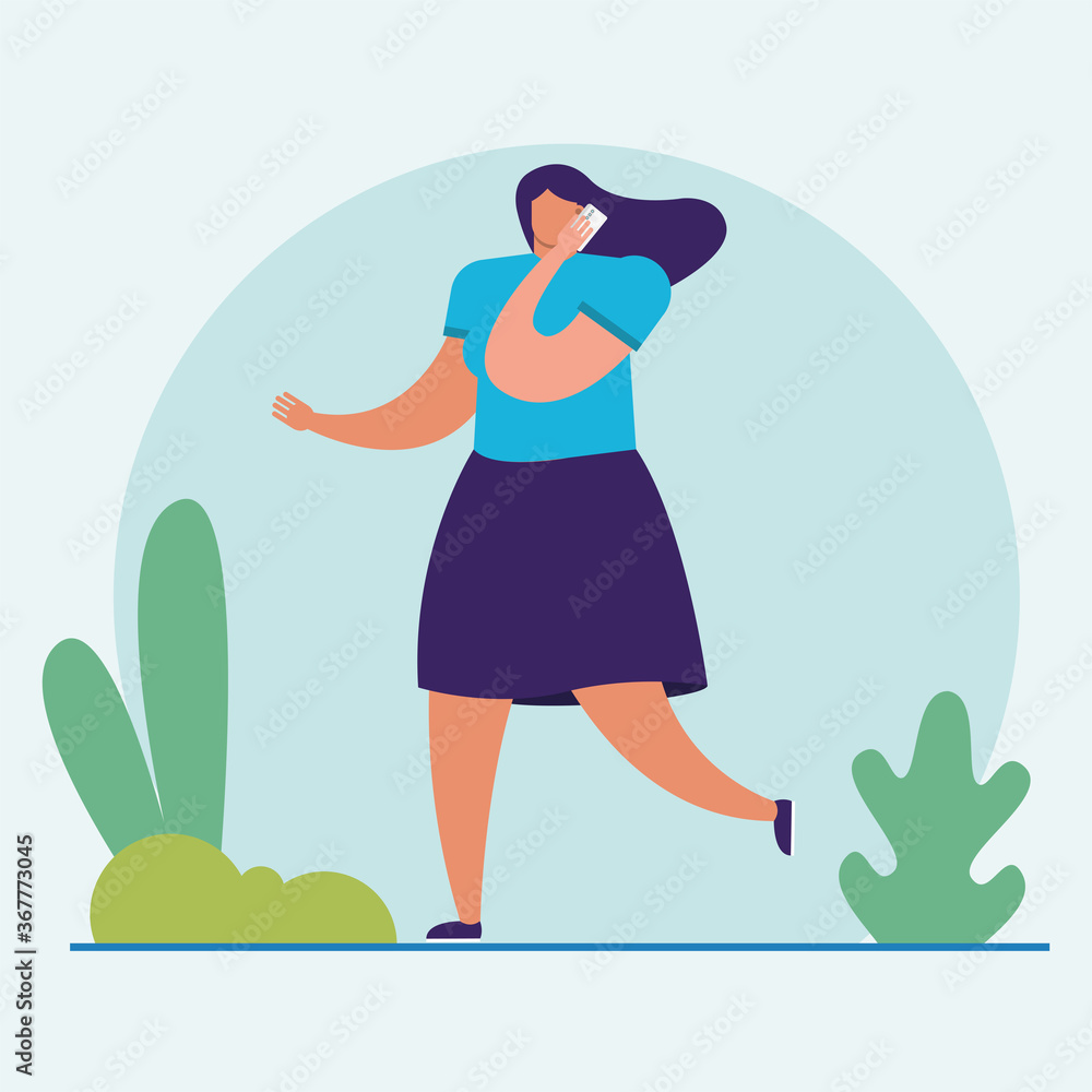 young woman walking using smartphone character young woman walking using smartphone character