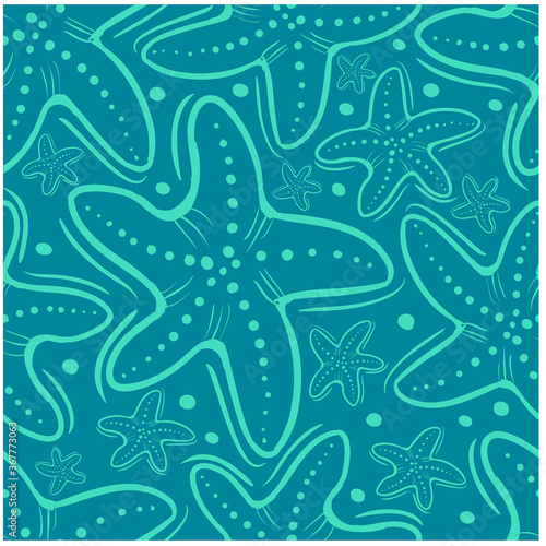 Seamless pattern blue doodle big and small starfishes on algiers blue background