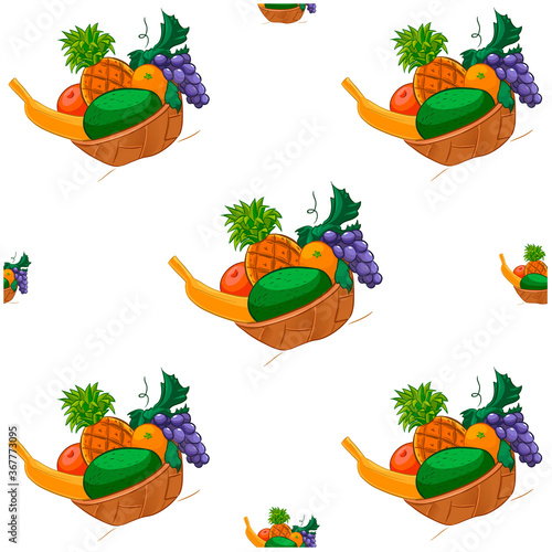 Seamless pattern cartoon little basket with exotic fruits