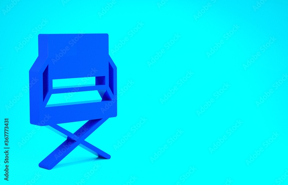 Blue Director movie chair icon isolated on blue background. Film industry. Minimalism concept. 3d illustration 3D render. Blue Director movie chair icon isolated on blue background. Film industry. Minimalism concept. 3d illustration 3D render.