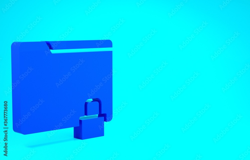 Blue Folder and lock icon isolated on blue background. Closed folder and padlock. Security, safety, protection concept. Minimalism concept. 3d illustration 3D render. Blue Folder and lock icon isolated on blue background. Closed folder and padlock. Security, safety, protection concept. Minimalism concept. 3d illustration 3D render.