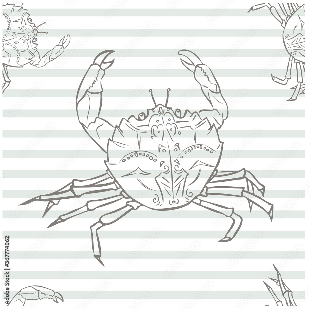 Seamless pattern doodle steeple gray crab on summer shower thin stripes Seamless pattern doodle steeple gray crab on summer shower thin stripes