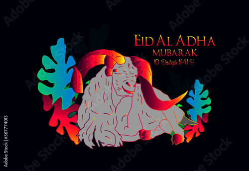 Muslim holiday Eid al-Adha.1441 H the sacrifice a ram. graphic design decoration kurban bayrami. month lamb, sheep, and camel. vector illustration.
