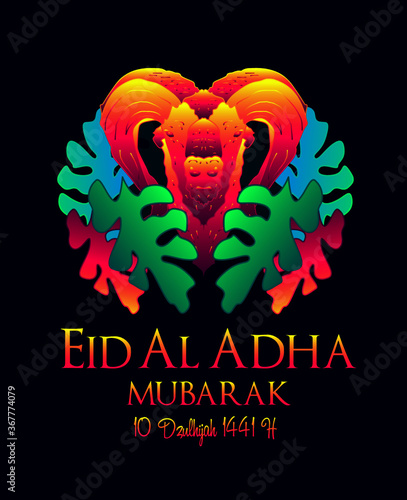 Muslim holiday Eid al-Adha.1441 H the sacrifice a ram. graphic design decoration kurban bayrami. month lamb, sheep, and camel. vector illustration.