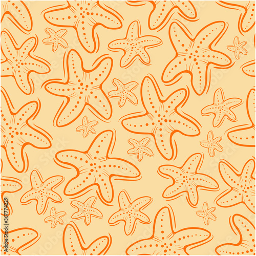 Seamless pattern orange doodle big and small starfishes