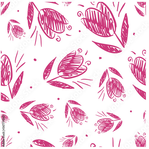 Seamless pattern pink doodle tulips