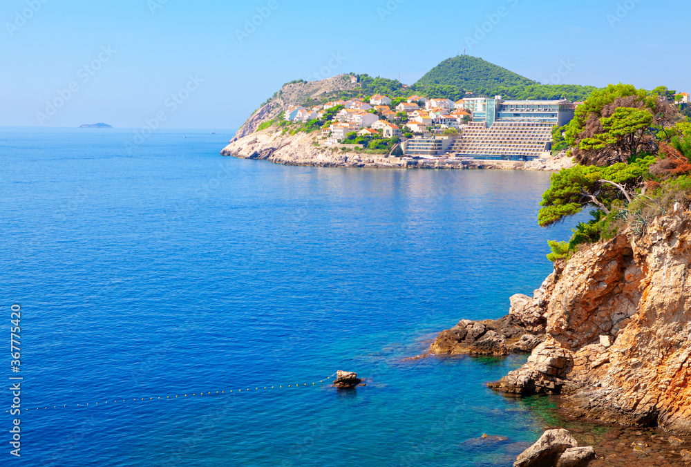 Touristic resort in Dubrovnik . Scenery of Adriatic Sea. Coastal hotels in Croatia 