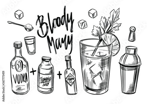 Bloody Mary. Alcohol coctail. Black outline on transparent background photo