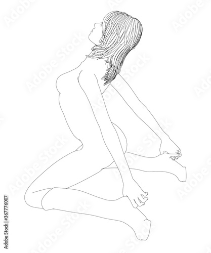 The contour of a girl in a sexy pose. A girl with long hair sits on her knees and holds onto the hairpins of her boots. The naked girl is sitting. Vector illustration