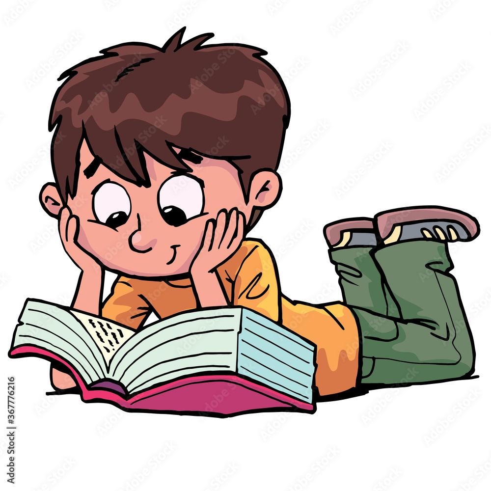 boy reads a book lying on his stomach and leaning on his elbows boy reads a book lying on his stomach and leaning on his elbows