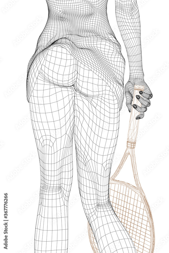 Fototapeta premium Wireframe of a girl in a skirt and with a tennis racket in hand. The tennis player stands with a naked booty. 3D. Vector illustration