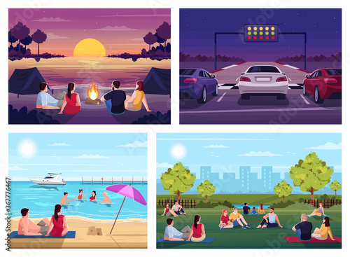 Summer recreation semi flat vector illustration set. Watch sunset in camp on sea beach. Public urban park. Picnic festival. Auto race. Resting 2D cartoon characters for commercial use collection