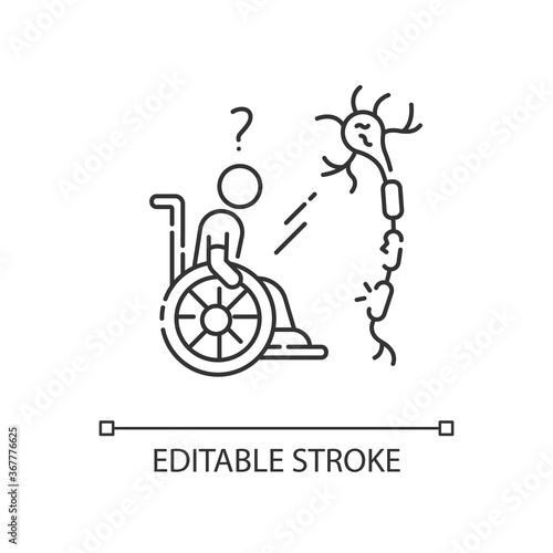 Multiple sclerosis linear icon. Handicapped man. Neurology problem. Trauma treatment. Thin line customizable illustration. Contour symbol. Vector isolated outline drawing. Editable stroke