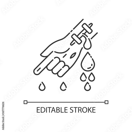 Hemophilia linear icon. Damaged hand with flow of blood. Bleeding arm with cut vein. Thin line customizable illustration. Contour symbol. Vector isolated outline drawing. Editable stroke