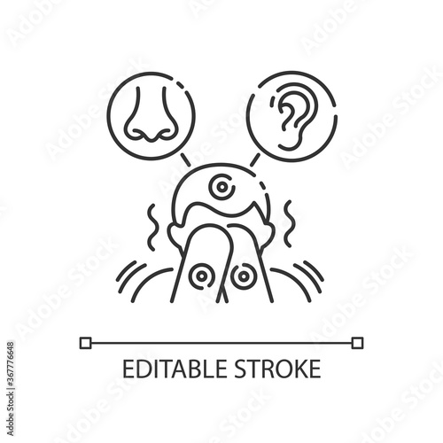 Sensory sensitivity linear icon. Trigger for perception. Physical response to smell and noise. Thin line customizable illustration. Contour symbol. Vector isolated outline drawing. Editable stroke