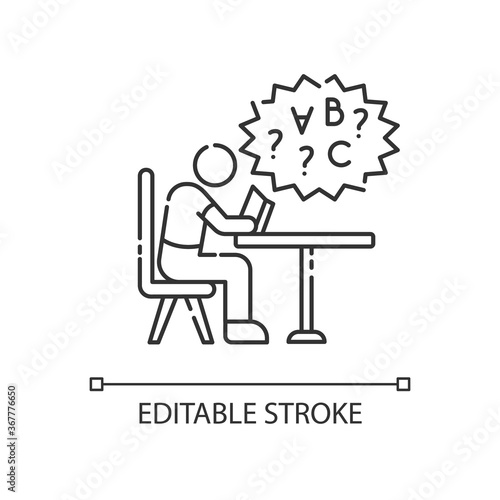 Dyslexia linear icon. Difficulty with reading book. Chronic disorder for intelligence. Thin line customizable illustration. Contour symbol. Vector isolated outline drawing. Editable stroke