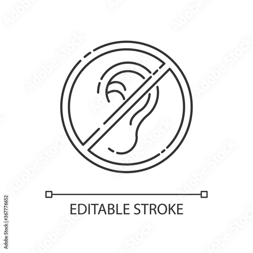 Deafness linear icon. Impaired hearing. Difficulty with communication. Deaf person. Thin line customizable illustration. Contour symbol. Vector isolated outline drawing. Editable stroke