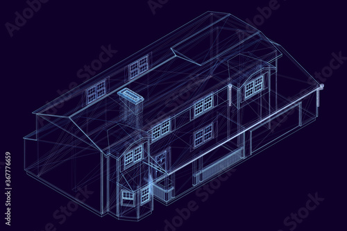 House wireframe made of blue lines on a dark background. Isometric view. The plan of a one-story house. Vector illustration