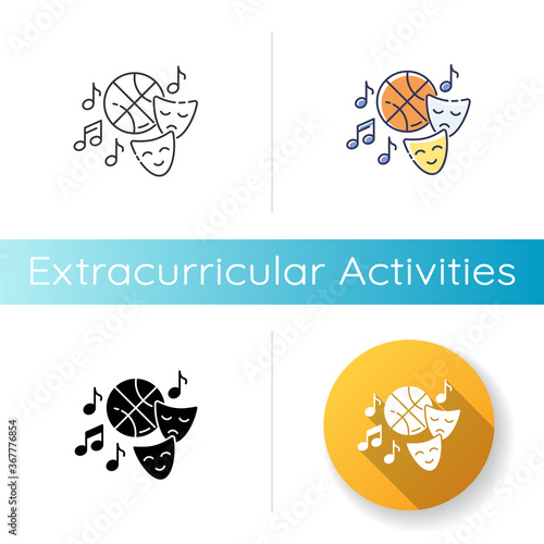 Extracurricular activities icon. Linear black and RGB color styles. Different academic clubs, highschool hobbies. Sport training, drama class, dancing and music. Isolated vector illustrations
