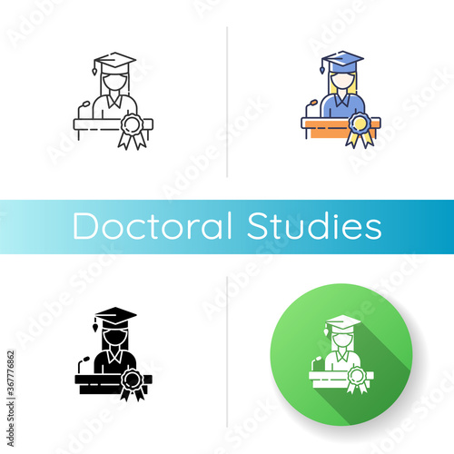 Doctoral studies icon. Linear black and RGB color styles. University graduation, academic achievement. Obtaining doctors degree. PhD student, successful graduate Isolated vector illustrations