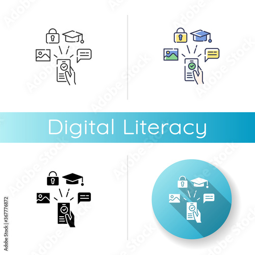 Digital literacy icon. Linear black and RGB color styles. Modern education, e learning. Using smartphone for education, communication and entertainment. Isolated vector illustrations