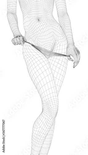 Wireframe of a girl in a sexy pose holds her panties with her fingers. 3D. Vector illustration