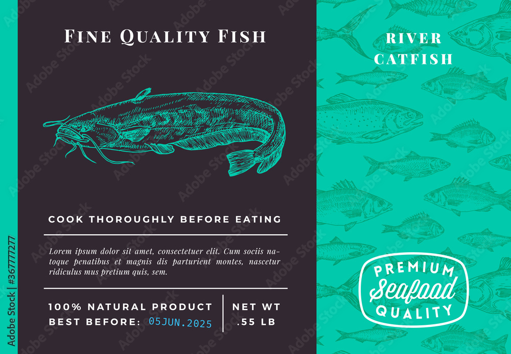 Premium Quality Catfish Abstract Vector Packaging Design or Label. Modern Typography and Hand Drawn Sketch Fish Pattern Background Seafood Layout
