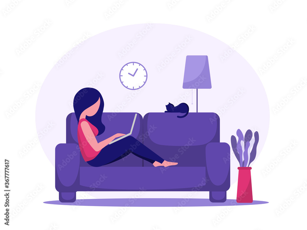 Work from home concept. Freelancer young woman people working with a laptop computer on a sofa bed in a living room decorated with lamp plant, wall clock and sleeping cat. Vector of workspace of home Work from home concept. Freelancer young woman people working with a laptop computer on a sofa bed in a living room decorated with lamp plant, wall clock and sleeping cat. Vector of workspace of home