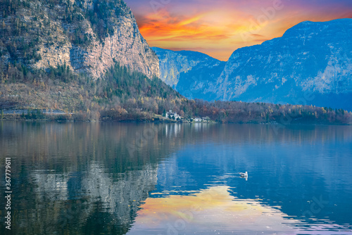 Hallstatt lake and mountain with castle on the other side of the lake in Austria © Arnold