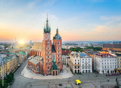Krakow, Poland. Aerial view of St. Mary's Basilica (Bazylika Mariacka) on sunrise photo