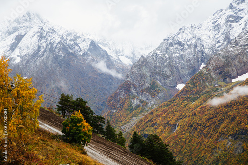 Beautiful colorful yellow forest in the mountains, scenic view from the Mount Mussa Achitara in Dombay ski resort in fall season, picturesque landscape, Caucasus, Russia photo