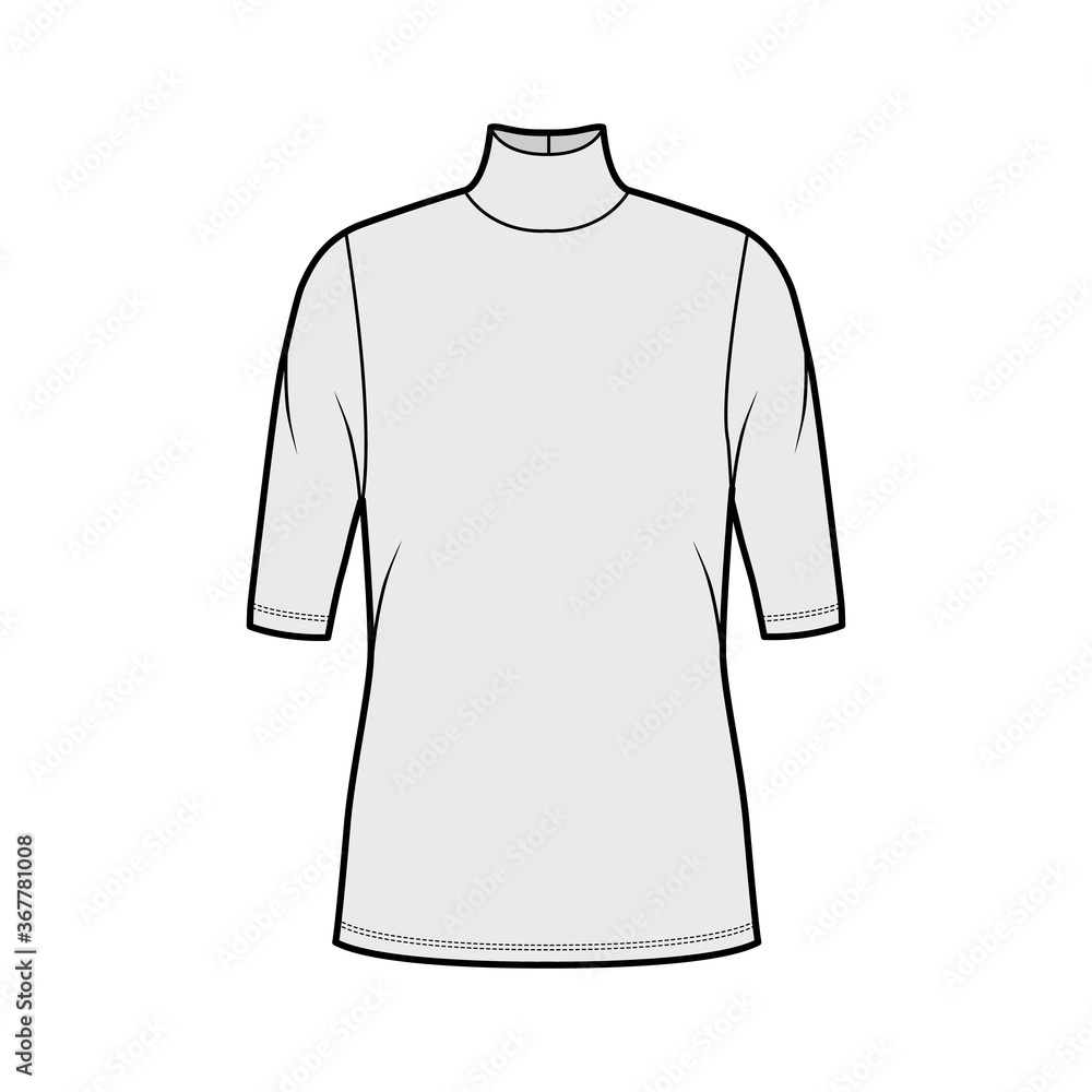Turtleneck jersey sweater technical fashion illustration with elbow sleeves, oversized body, tunic length. Flat outwear apparel template front, grey color. Women, men unisex shirt top CAD mockup Turtleneck jersey sweater technical fashion illustration with elbow sleeves, oversized body, tunic length. Flat outwear apparel template front, grey color. Women, men unisex shirt top CAD mockup