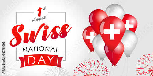 Swiss National Day vector banner or poster. Switzerland 1st of August patriotic holiday horizontal greeting card design with flag in balloons and salute 