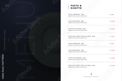 Vector menu template for restaurant and cafe. Menu cover design in black and white with fork and plate knife background. Modern restaurant fucking booklet brochure design