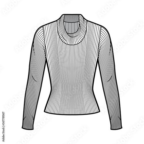 Ribbed cowl turtleneck knit sweater technical fashion illustration with long sleeves, close-fitting shape. Flat sweater apparel template front, white color. Women, men, unisex shirt top CAD mockup