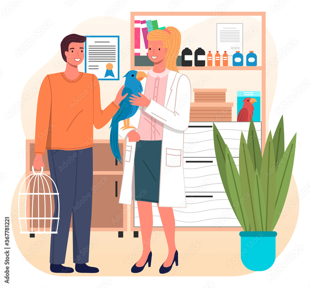 Veterinary care. Veterinarian wooman meet man with parrot in the medical office. Person brought a bird in a cage for treatment to a doctor. Visit to the vet clinic to check the health of the animal Veterinary care. Veterinarian wooman meet man with parrot in the medical office. Person brought a bird in a cage for treatment to a doctor. Visit to the vet clinic to check the health of the animal