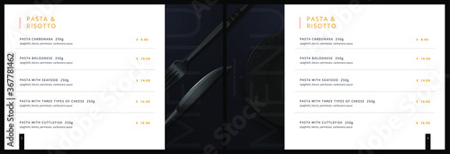Vector menu template for restaurant and cafe. Menu cover design in black and white with fork and plate knife background. Modern restaurant fucking booklet brochure design