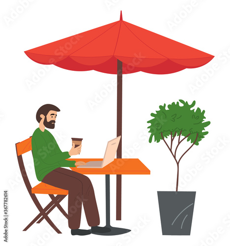 Bearded man sitting at a table in cafe and correspondence surfing the Internet. Male character communicating through network on the laptop. Social media network communication digital gadget addiction