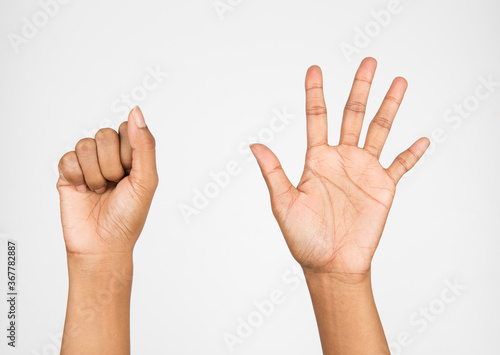 hand and finger of business man, show number ten, five, fifth sign, isolated on white background