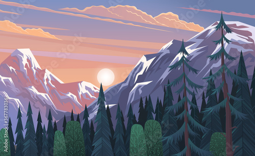 Mountains landscape, abstract lilac sunset panoramic view, vector illustration. Mountainside forest background. Beautiful view of the mountaine landscape with snow-capped peaks on a cloudy sky
