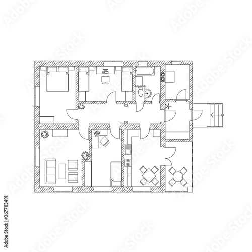House interior suburban house. Black and White floor plan of a modern apartment. Vector blueprint. Architectural modern background.
