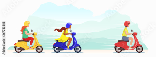 Beautiful young girls compete in a scooter race against the backdrop of nature. The leader of the race went into the lead and is rapidly pursued by women. Cute vector flat design banner illustration.