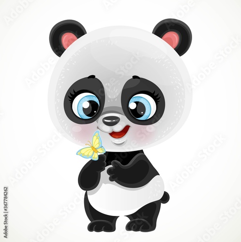 Cute cartoon baby panda bear examines a butterfly isolated on a white background