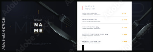 Vector menu template for restaurant and cafe. Menu cover design in black and white with fork and plate knife background. Modern restaurant fucking booklet brochure design