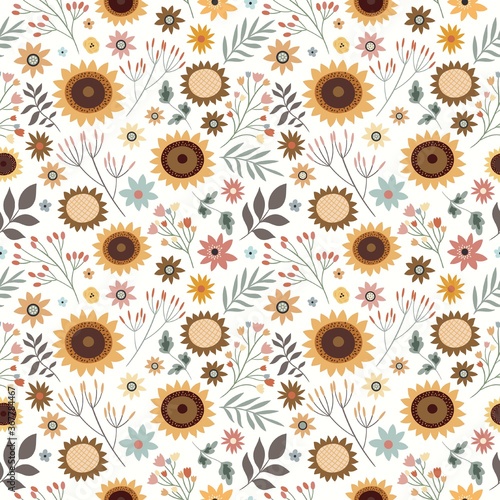 seamless floral pattern with sunflowers and plants